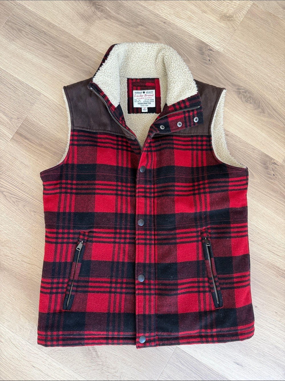 Lucky Brand Red & Black Plaid Sherpa-Lined Vest with Brown Accents
